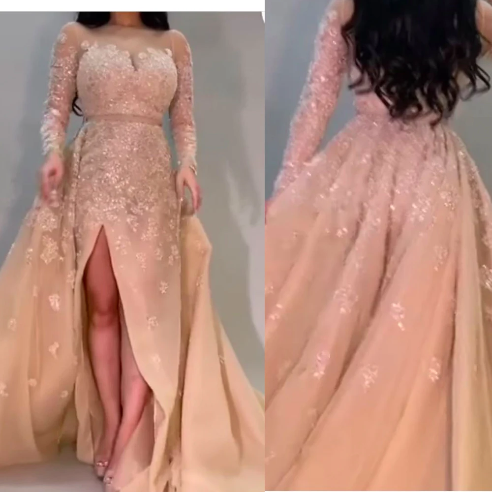 

champagne prom dresses 2020 detachable skirt sequins lace appliques sparkly long front slit evening dresses gowns