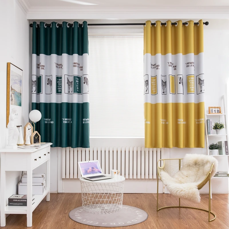 

Nordic Style Blackout Curtain Yellow Green Stitching Pony Print Short Length Window Drapes Living room Kitchen Blinds PCA4013