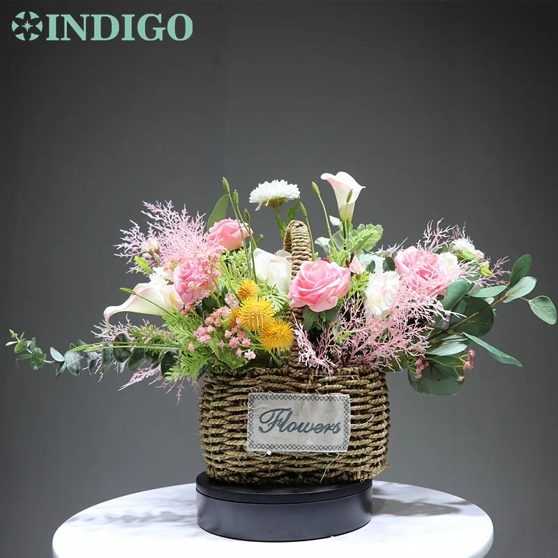 IINDIGO Designed- Pink Rose Flower Basket Flower Arrangement Gift Bouquet Artificial Flower Party Event Free Shipping - Цвет: 1 set as photo