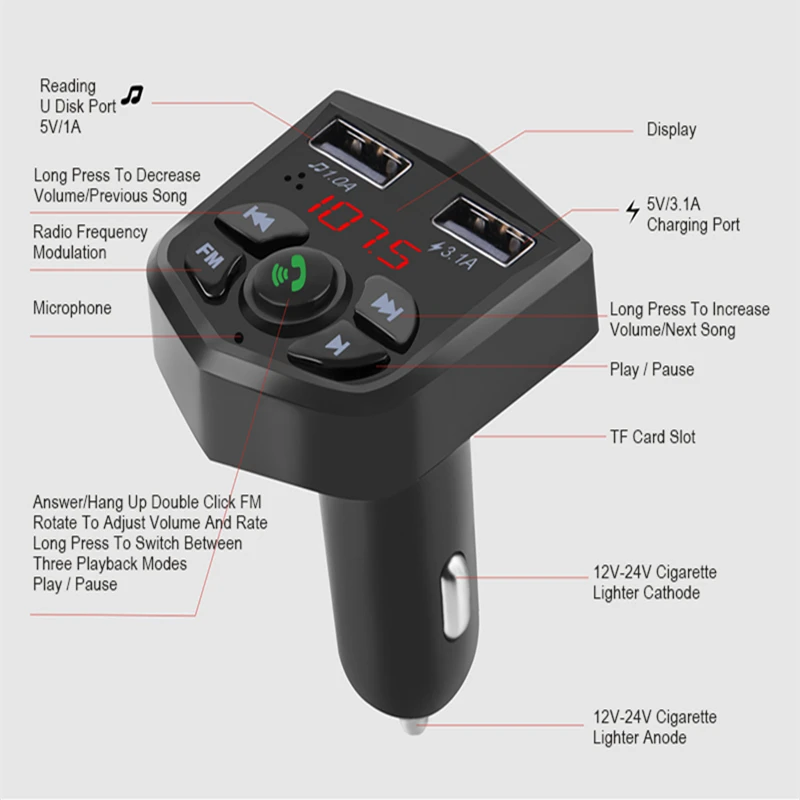 Автомобильный FM трансмиттер со светодиодной подсветкой Bluetooth MP3 плеер 5 0