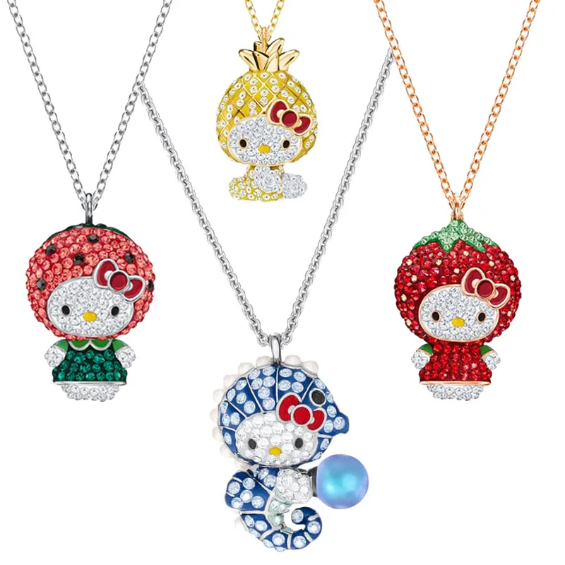 Kawaii Hellokitty Blue Seahorse Watermelon Strawberry Pineapple Necklace Kitty Cat Pendant Girls Clavicle Jewelry Sweater Chain