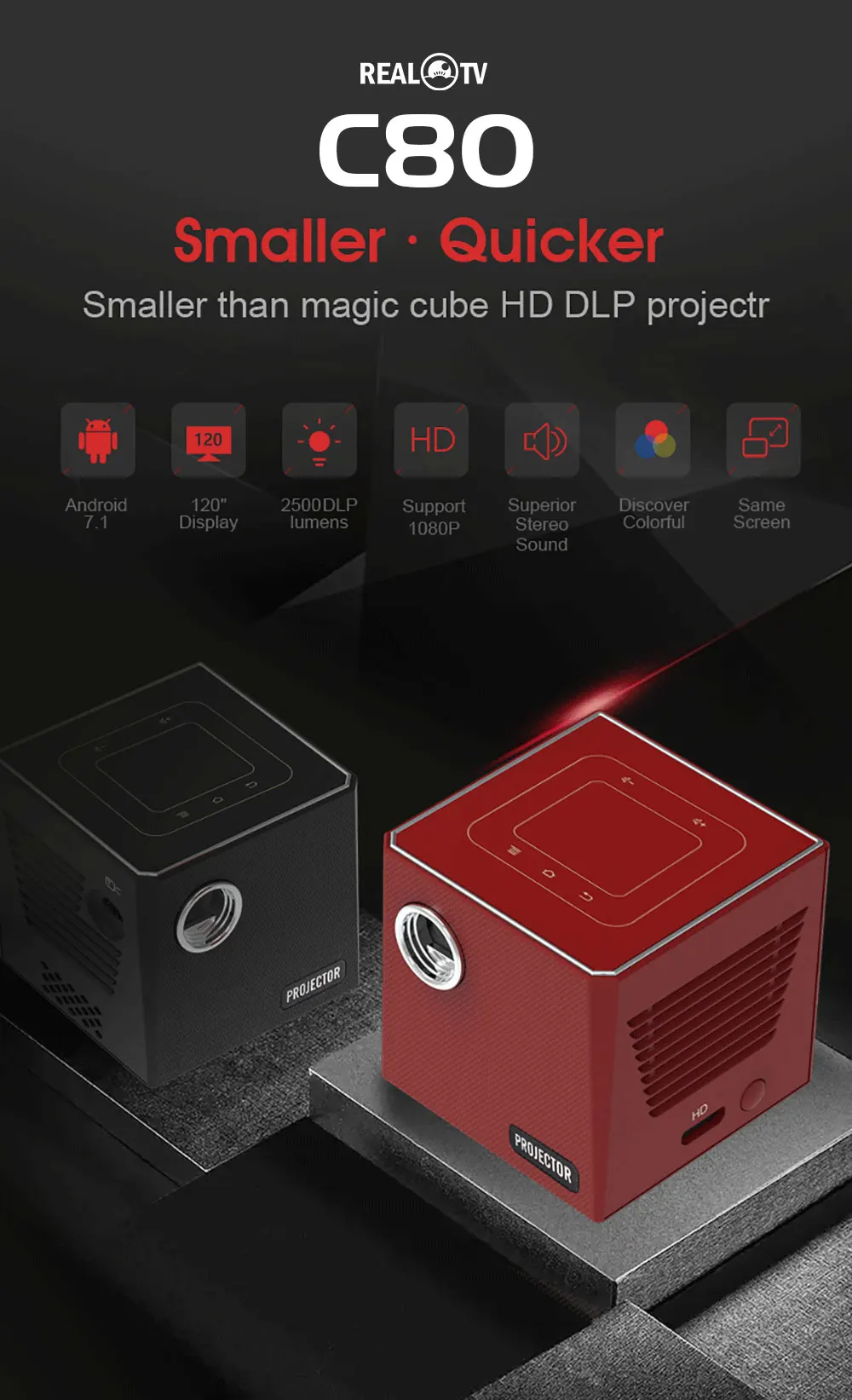 REAL TV C80 Mini DLP портативный проектор на базе Android WiFi Bluetooth 4 0 светодиодный домашний