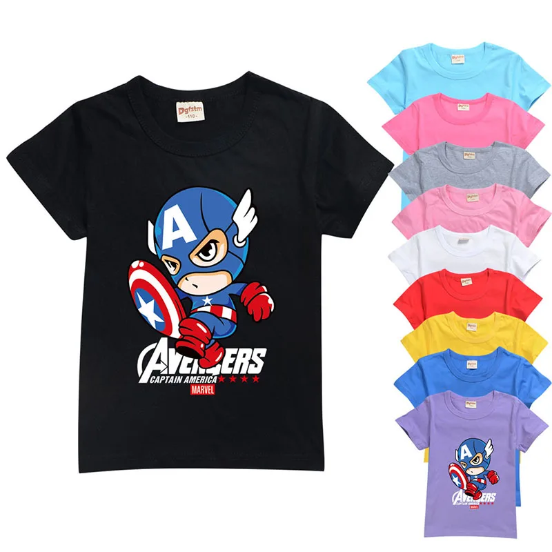 

2021 Summer Captain American T-shirt Children Boys Short Sleeves Cartoon Print Pure Color Tees Baby Kids Cotton Tops Girls Cloth