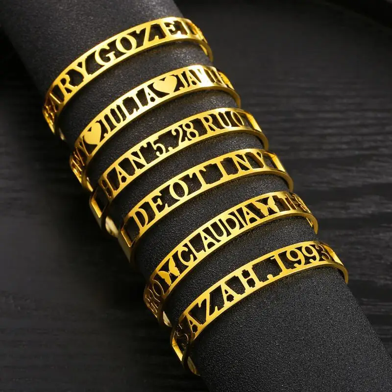 

Индивидуальное название, индивидуальные браслеты, регулируемые золотистые браслеты из нержавеющей стали, самодельные Открытые Браслеты для женщин и мужчин, подарок, модные ювелирные изделия