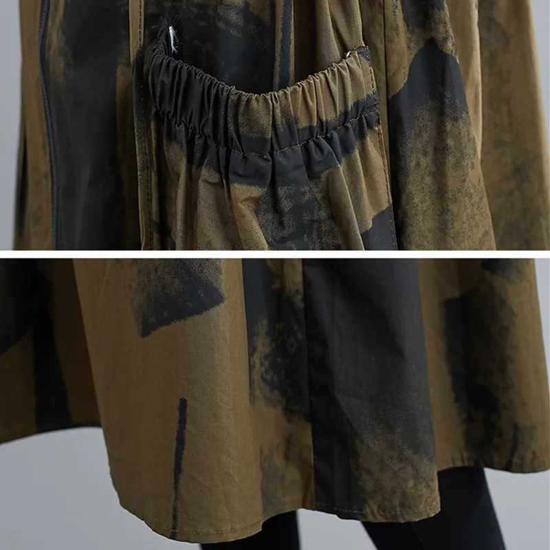 

Autumn Plus Size Jacket Coat Women Clothing Hooded Vintage Print Lady Outerwear Loose Pocket Long Sleeve Zipper Cardigan