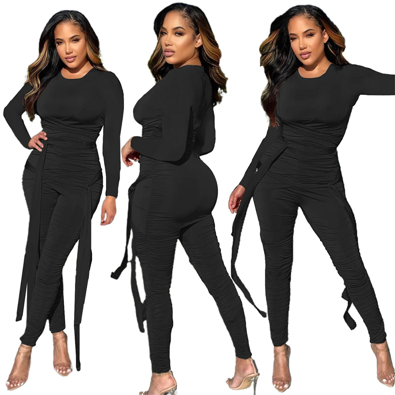 

Женский офисный комбинезон с круглым вырезом и длинными рукавами