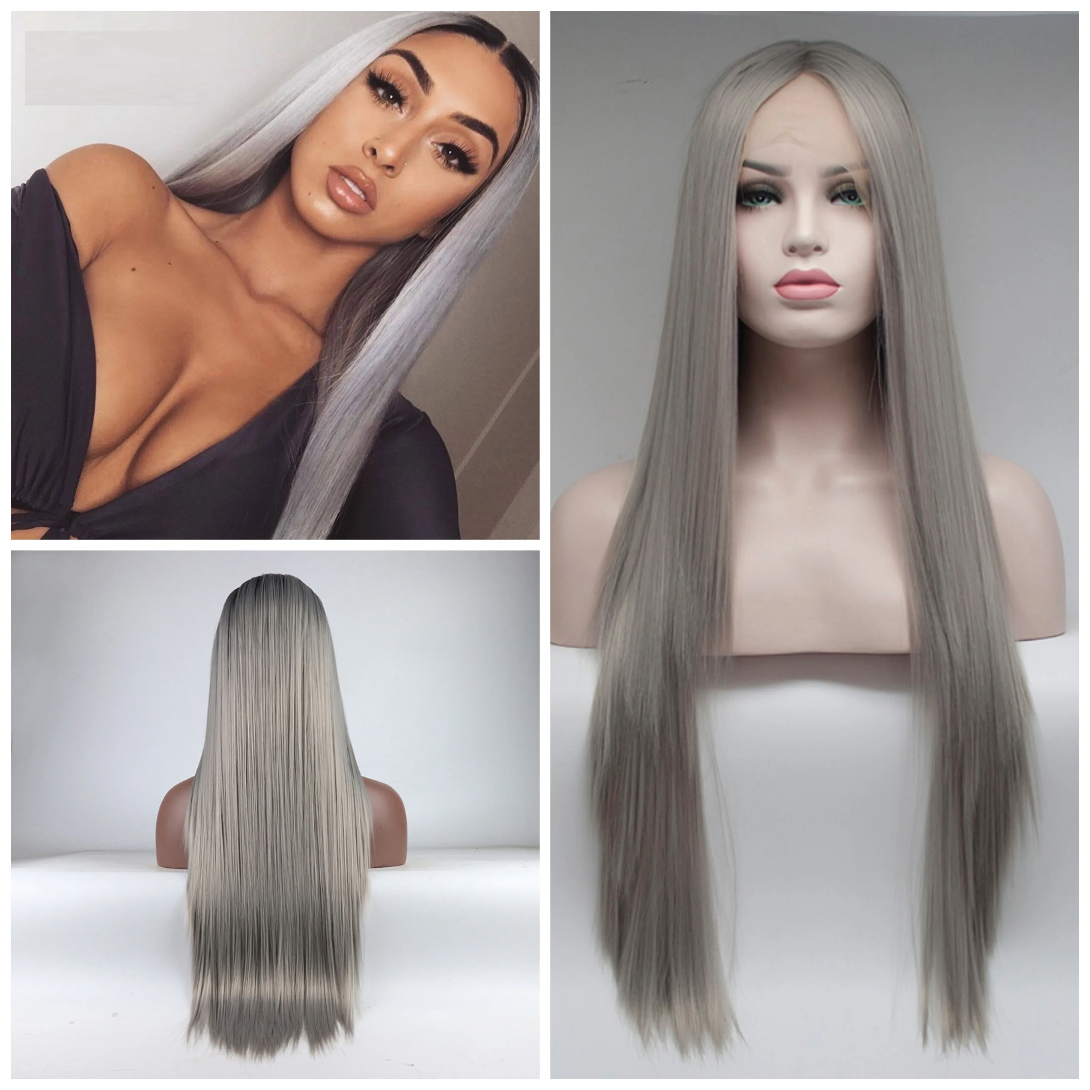 Черные корни Омбре серебристо серый прямой синтетический 13×4Lace передний парик