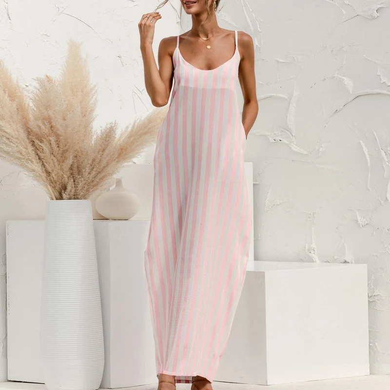 

Kili Women's Summer Sling Long Skirt Striped Printed Sleeveless Pocket Dress