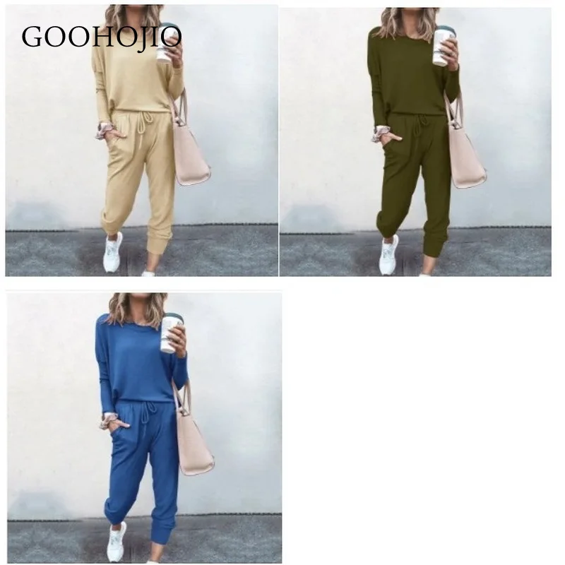 

GOOHOJIO 2021 New Spring Autumn High Waist Pants Suit Women Solid Color Two-piece Suit for Ladies Casual Women Long Sleeve Suit