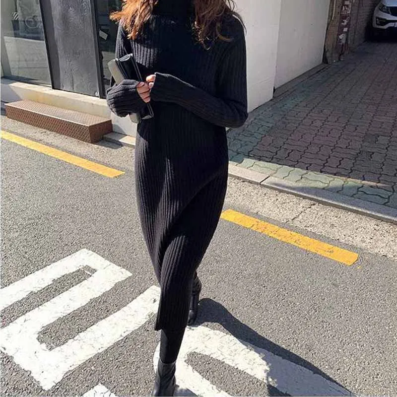 

2020 Women Simple Elegant Turtleneck Long Sweater Dress Office Lady Sweater Korean Warm Autumn Winter Knitted Dresses One-Piece
