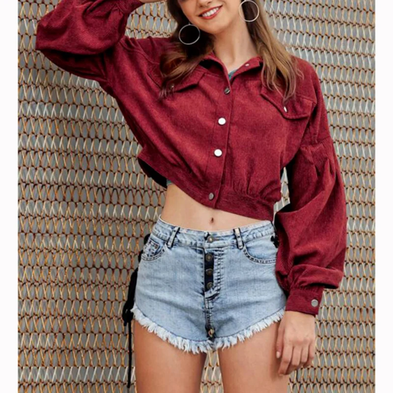 

Women Corduroy Solid Color Lapel Jacket Spring Fall Winter Fashion Elegant New Lantern Long Sleeves Loose Casual Short Jackets