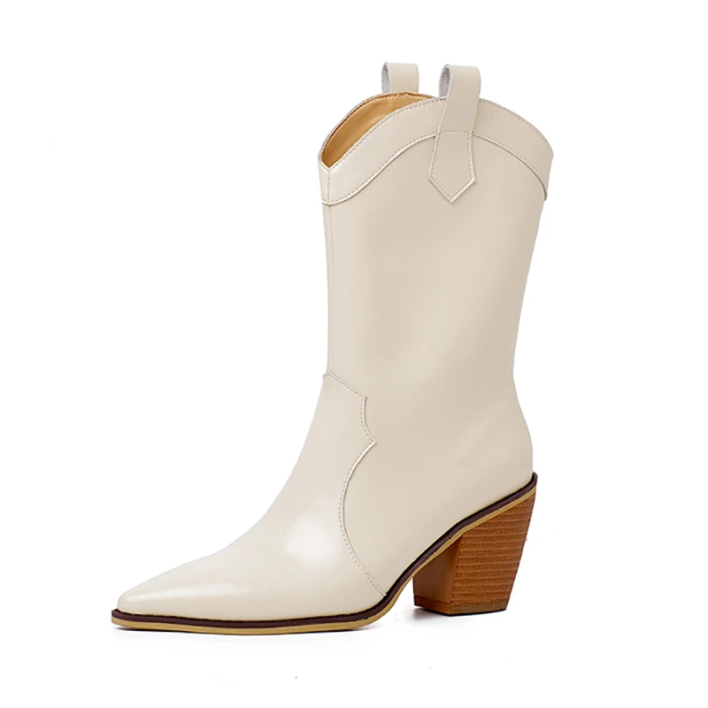 

Dovereiss Fashion Boots Winter Sexy Genuine Leather Zipper Pointed Toe Off White Half Boots Block Heels Size 33 40