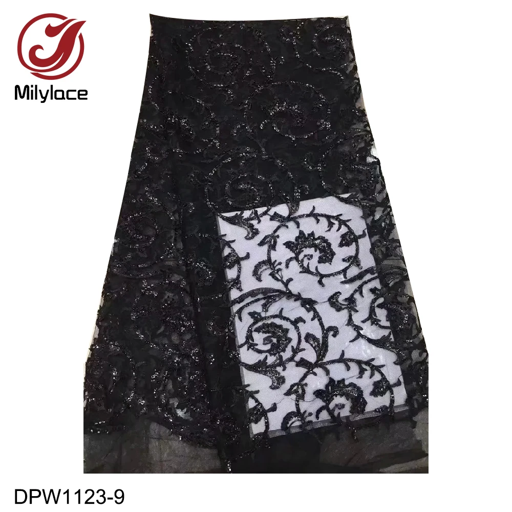 

High Class 2019 French lace fabric 5 yards delicate emrboidery tulle lace fabric with bead and sequins for wedding party DPW1123