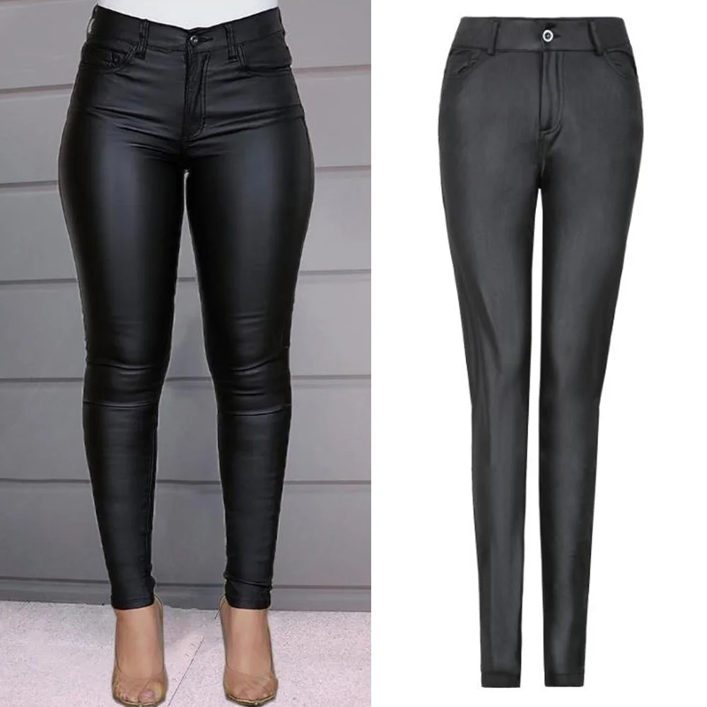 Осенние женские брюки из искусственной кожи черные сексуальные облегающие
