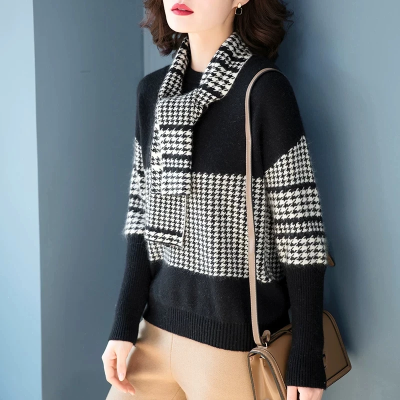 Осенний лоскутный клетчатый свитер с шарфом женские джемперы вязаные пуловеры |