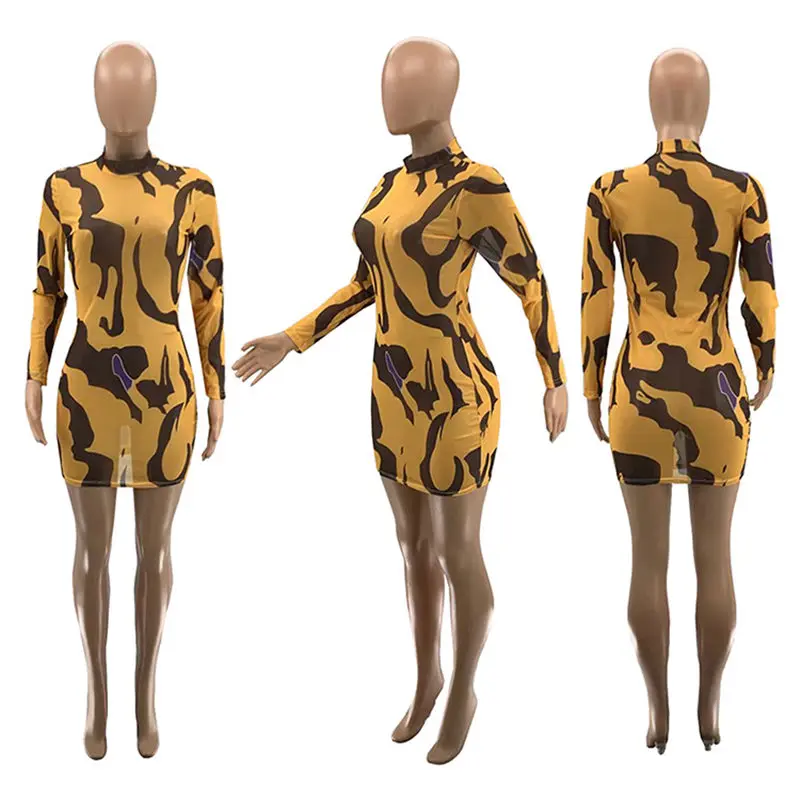 

Women Empire Mini Dress Full Sleeve Print Skinny Elastic Turtleneck Dresses Office Lady Vestido De Mujer