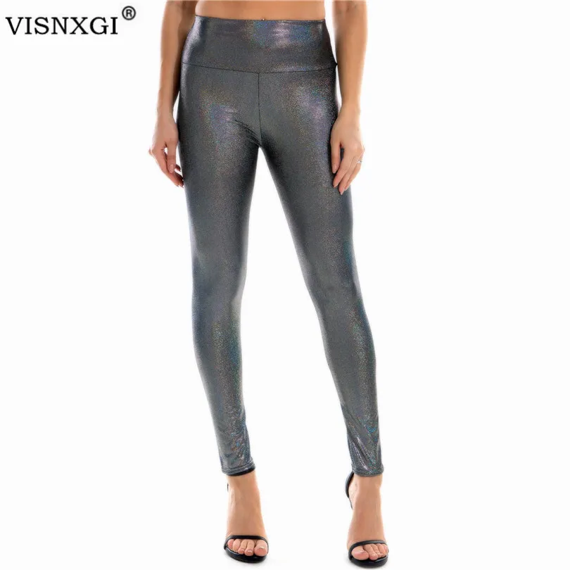 

VISNXGI Women Fashion Legging Fluorescent Printing Leggins High Waist Stretch Leggings Woman Shiny Wet Look Ankle Length Pants