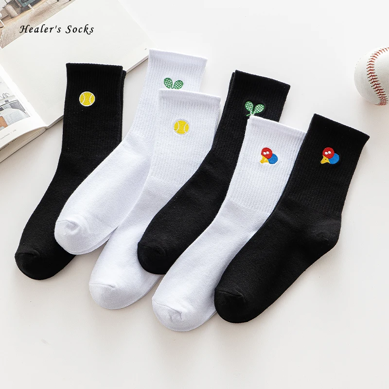 

White Tennis Pingpong Sport Men Women Socks Cotton Harajuku Breathable Fashion Embroidery Long Funny Classic Hip Hop Long Socks