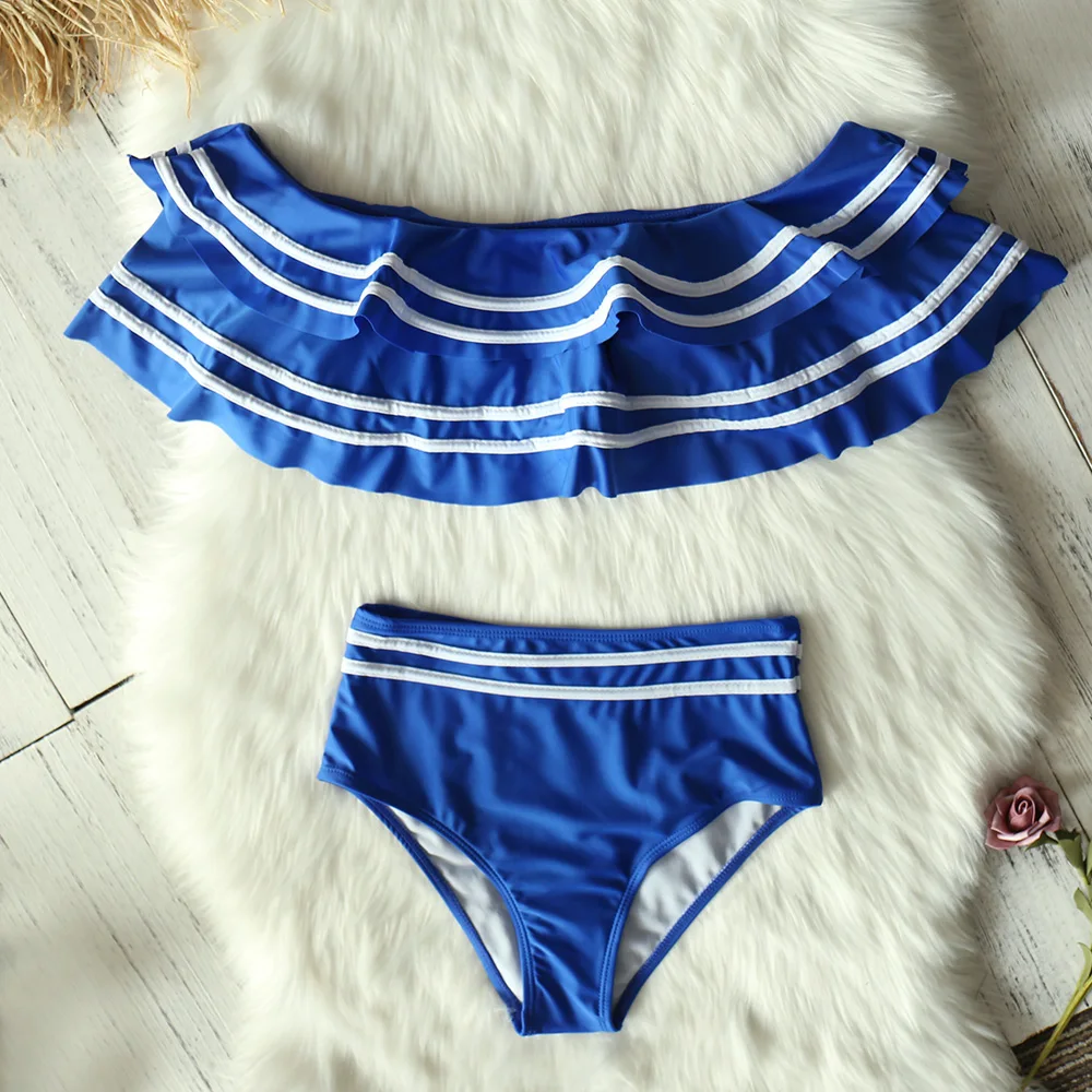 

High Waist Bikini Set 2021 Sexy Shoulder Swimwear Women Swimsuit Ruffle Bathing Suit Beachwear Biquini female