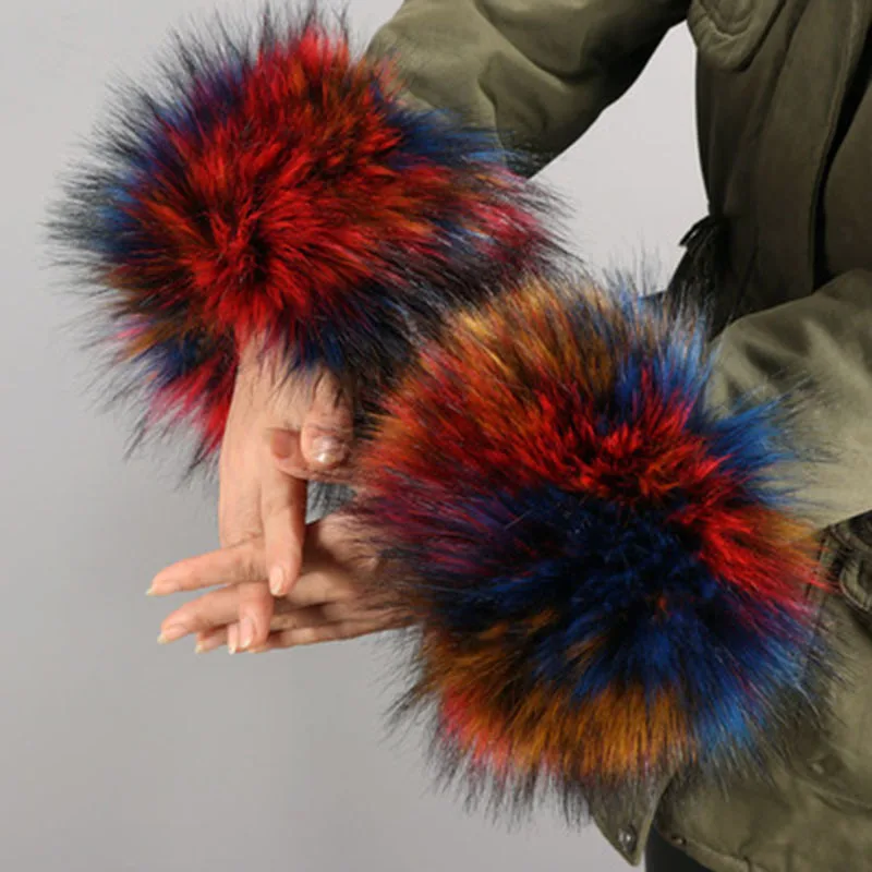 Женские перчатки из искусственного меха в полоску на осень/зиму|Женские