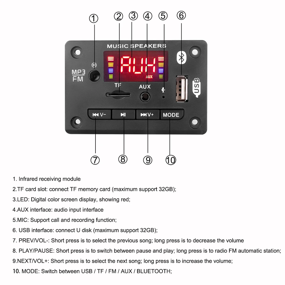 Плата mp3-декодера 2*25 Вт 5 в 12 В WAV MP3-плеер Bluetooth 0 аудио модуль с усилителем WMA TF USB