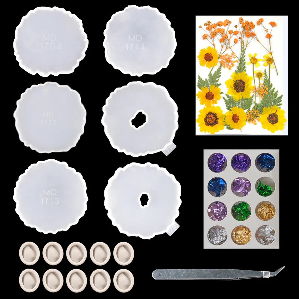 20 PCS Coaster Molde Silicona Set Cup Mat Tray Moule Silicone Resine Epoxy With Dried Flowers Tweezers Gold Foils UV Resin Kit