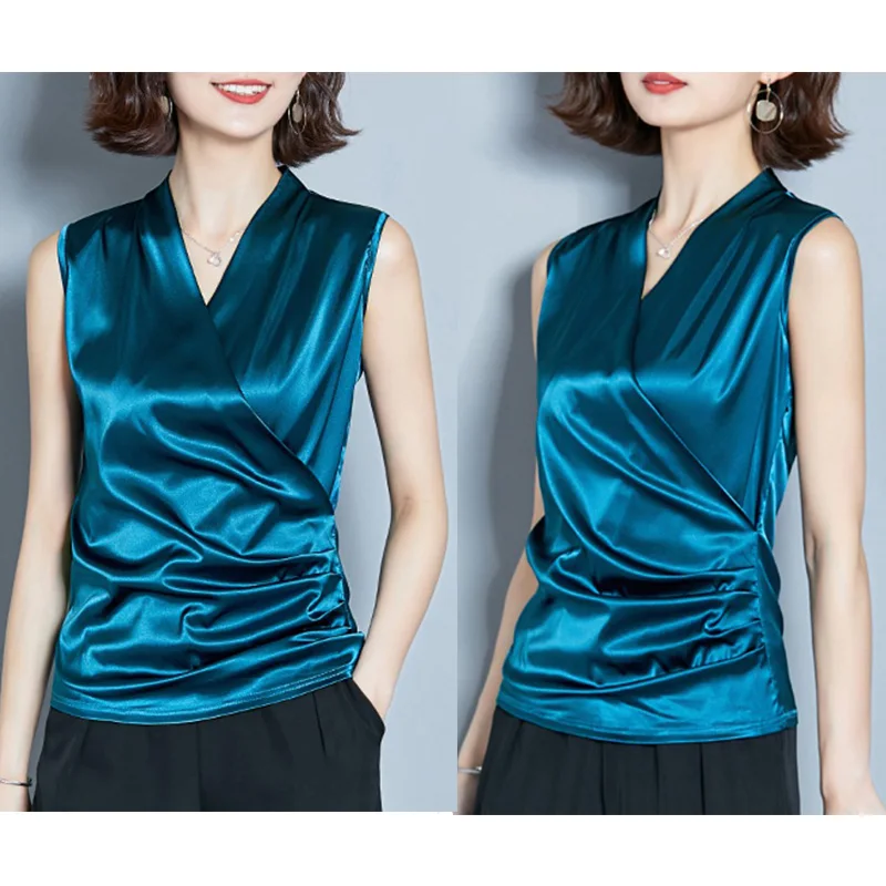 Women Sleeveless Sexy V-Neck Soft Smooth Satin Shirt Work Tops Office Ladies Chic Casual Tunic Summer Ruched Cross Wrap Blouse