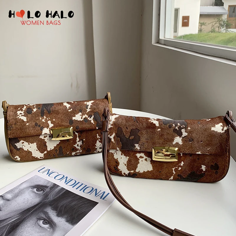 

Retro Female Genuine Leather Shoulder Bags Casual Purses and Handbags Simple Ladies Horse Hair Desiger Bag Half Moon Bag Wallet