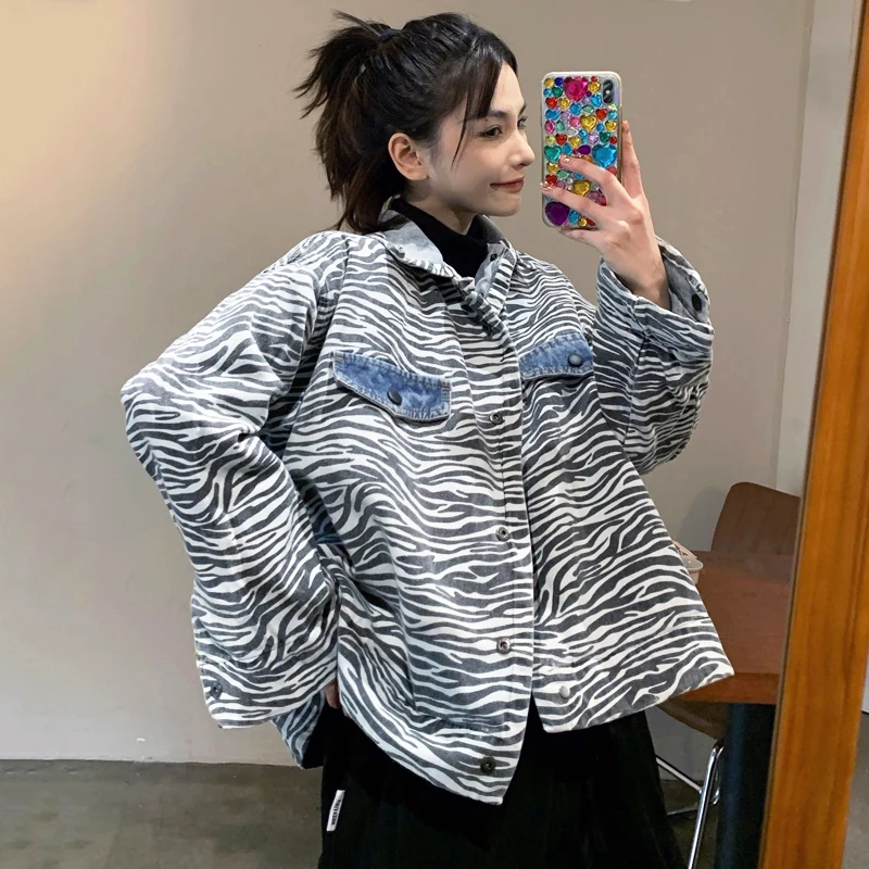 

Autumn Jacket Women Oversize Coats Streetwear Denim Jacket Vintage Fashion Zebra Print Jacket Both Positive and Negative Cowboy