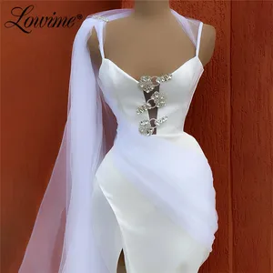 Женское атласное платье с юбкой-годе, элегантное вечернее платье цвета слоновой кости на бретелях-спагетти, лето 2020