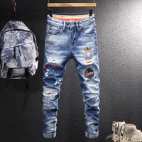 american street fashion men jeans retro blue elastic slim ripped jeans men patches designer hip hop printed splashed denim pants