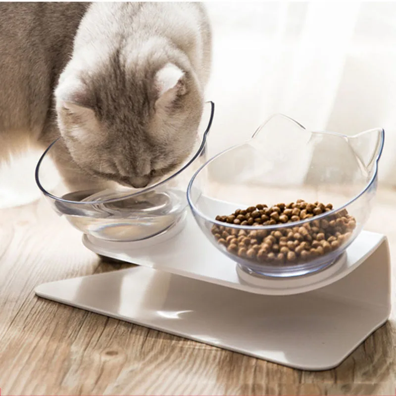 

Double Bowl Cat bowl cat and dog bowl transparent AS material non-slip food pot belt to protect the neck transparent cat