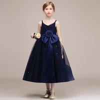 party dress for kids girl birthday formal communion princess gowns navy blue tulle bowtie flower girl dresses