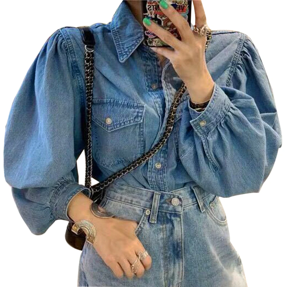 CALOFE 2020 Autumn Fashion Women Jeans Shirt Chic Puff Sleeve Loose Denim Long-sleeved Coat Hot Girls Casual Outwear |