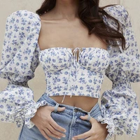floral top women white sweet square neck long puff sleeve ruched drawstring crop top autumn woman party blouse 2020 new