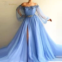 blue off the shoulder evening dresses puff long sleeves appliques beaded tulle split side prom gowns dresses woman party night
