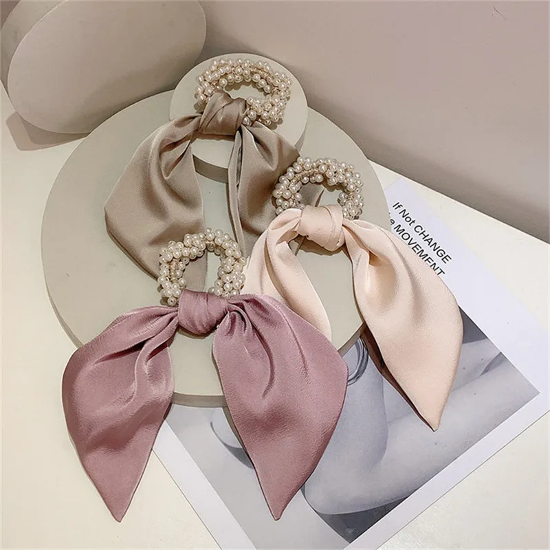 

Pearl Bowknot Elastic Hair Bands for Women Girls Scrunchies Headband Hair Ties Beads Ponytail Holder Hair Accessories