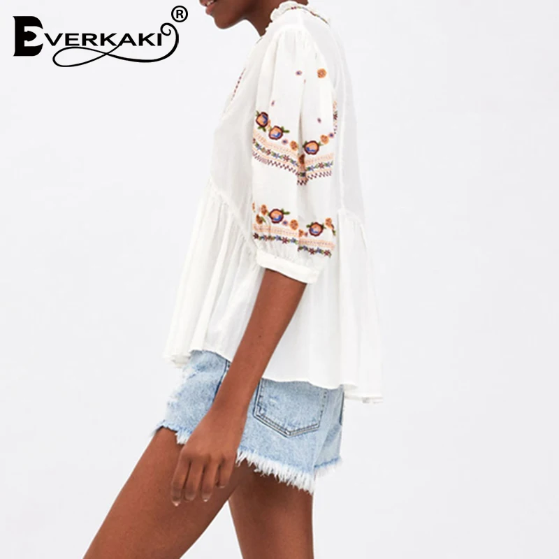 Everkaki Boho вышитые Хлопковые женские рубашки, футболки, топы, однотонные белые женские блузки с коротким рукавом, рубашки, женские топы Осень новинка