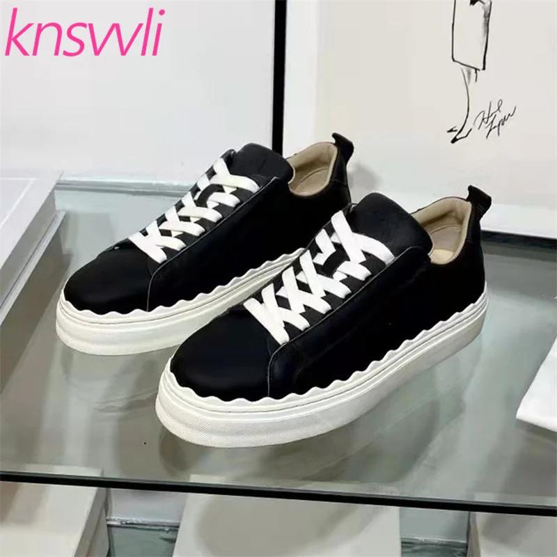 

Кроссовки женские из натуральной кожи, повседневная спортивная обувь на шнуровке, круглый носок, плоская подошва, модные белые, черные