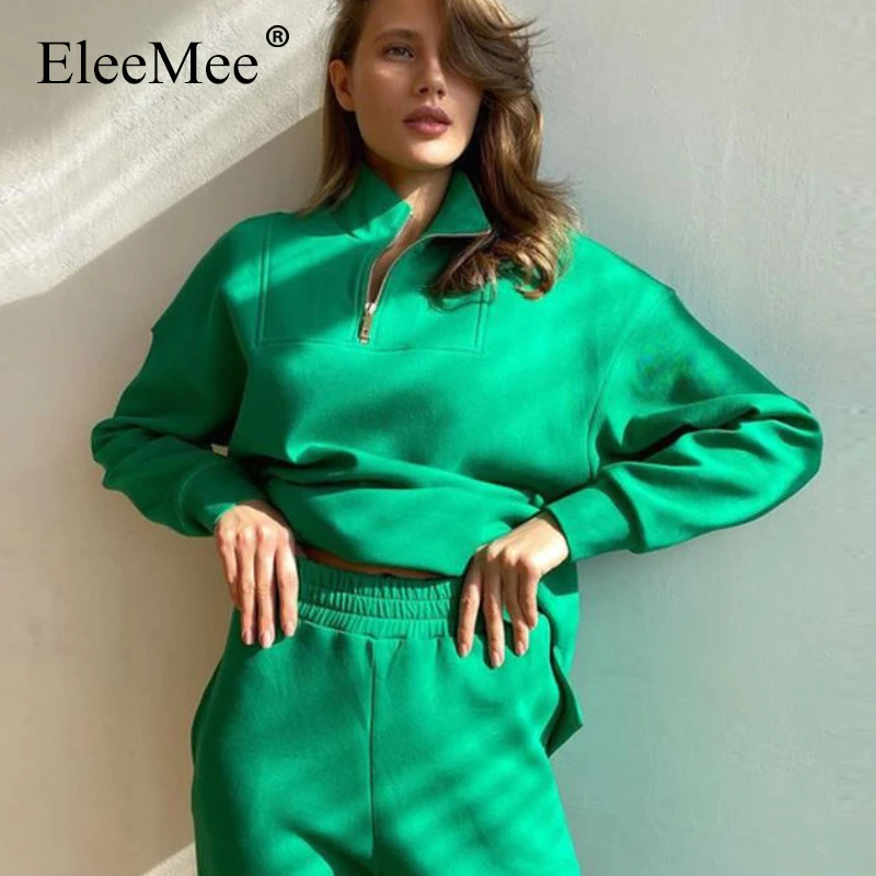 

EleeMee Women Hoodies And Pants Sets Two Piece Loose Half Zipper Kick Up Street Fashion Cool Stylish Sweatshirt Size S-L