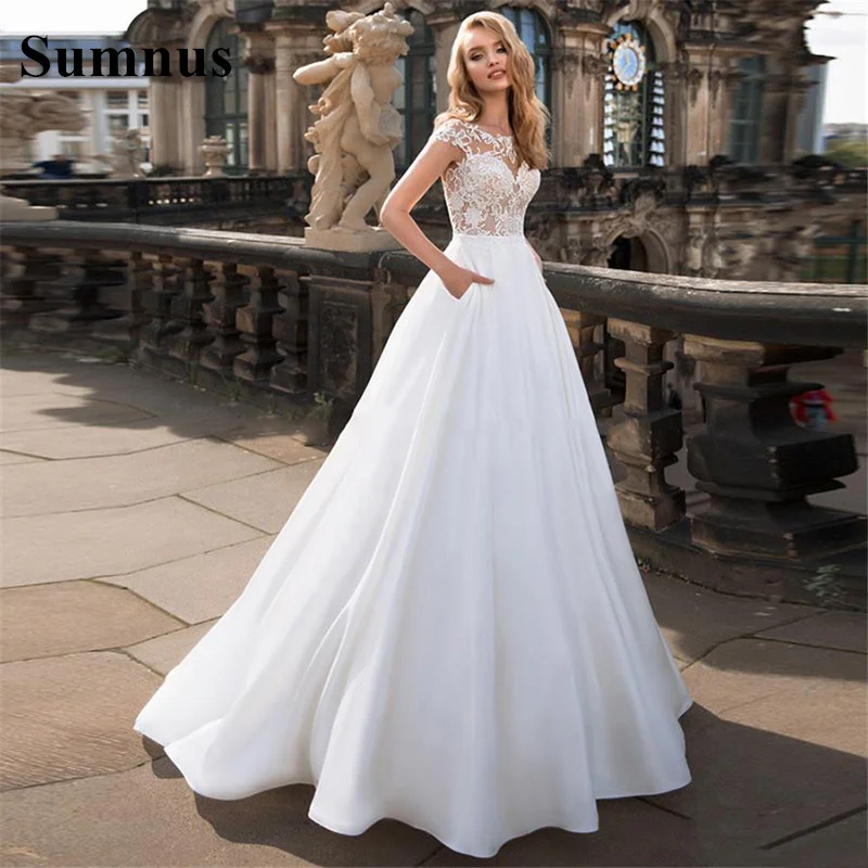 

Sumnus Boho Wedding Dresses Simple Satin Appliques Lace A-Line Pocket Bridal Gowns Modest Custom Floor Length Robe De Mariee