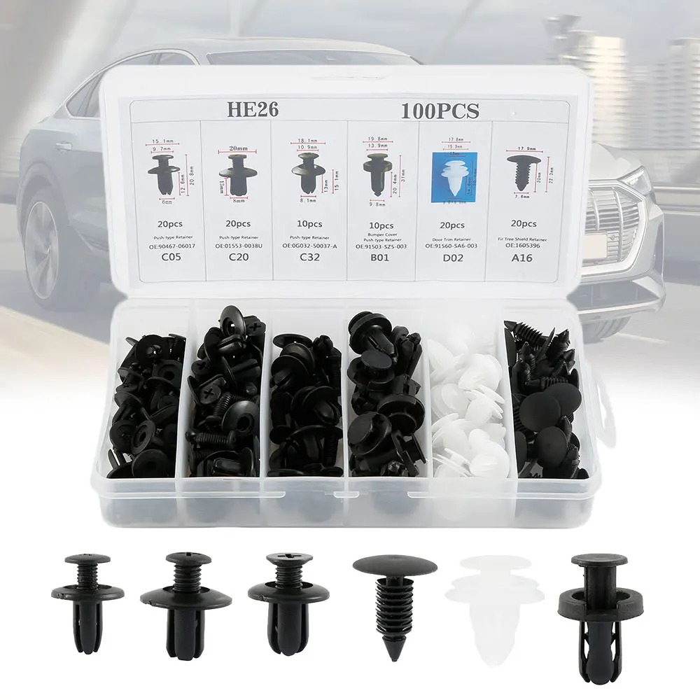

100pcs 6 Sizes Auto Fastener Clip Mixed Car Clips Body Push Retainer Pin Rivet Bumper Door Trim Panel Retainer Fastener Kit Tool