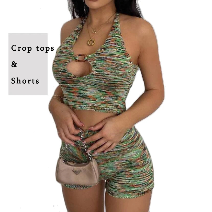 

Women Summer Sweater Shorts Suits Sexy Hanging Neck Sleeveless Knitted Crop Tops + Pant Two Pieces Tight Clothing Set