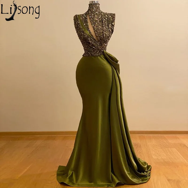 

2020 Couture Green Mermaid Prom Dresses Sleeveless Sequined High Neck Long Evening Dress Vestidos Robes sukienki koktajlowe