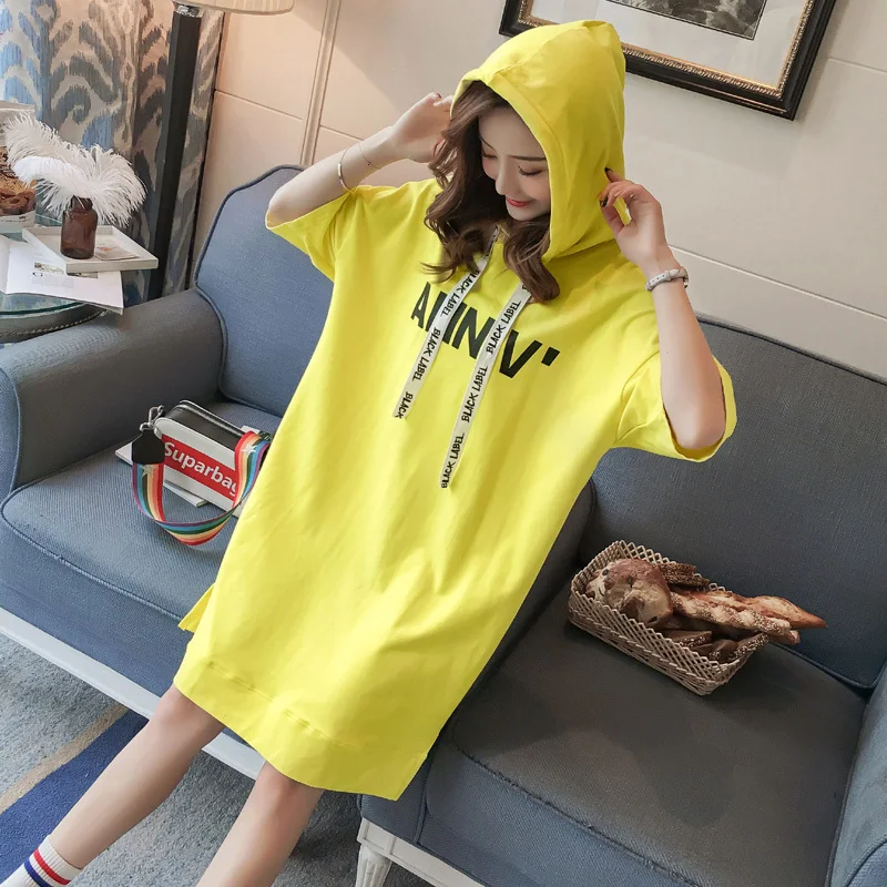 Платье-футболка женское хлопковое с капюшоном свободная уличная одежда размера