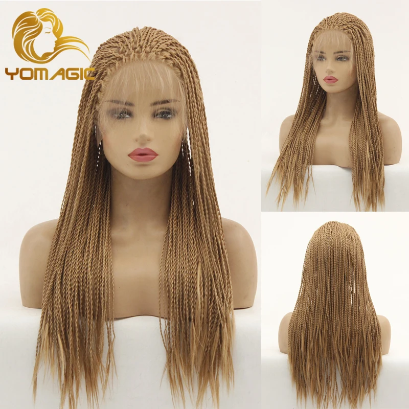 Yomagic Волосы длинные синтетические передние кружевные парики с младенческим коричневым цветом Senegalese 2X Twist Braids Wig Style для женщин.