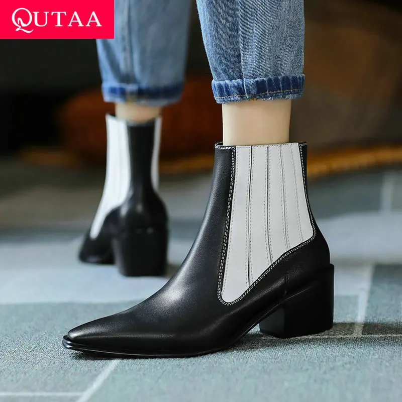 

QUTAA 2022 Ankle Boots Autumn Winter Keep Warm Pointed T Women Shoes Genuine Le Square Heel Slip On Short Boots Size 34-39