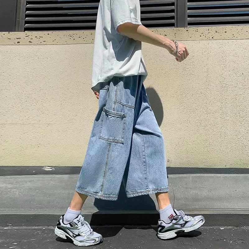

Stitching Jeans For Men Trend Loose Cropped Straight-leg Pants Wide-leg Japanese Harajuku Denim Trousers Multi-pocket Overalls