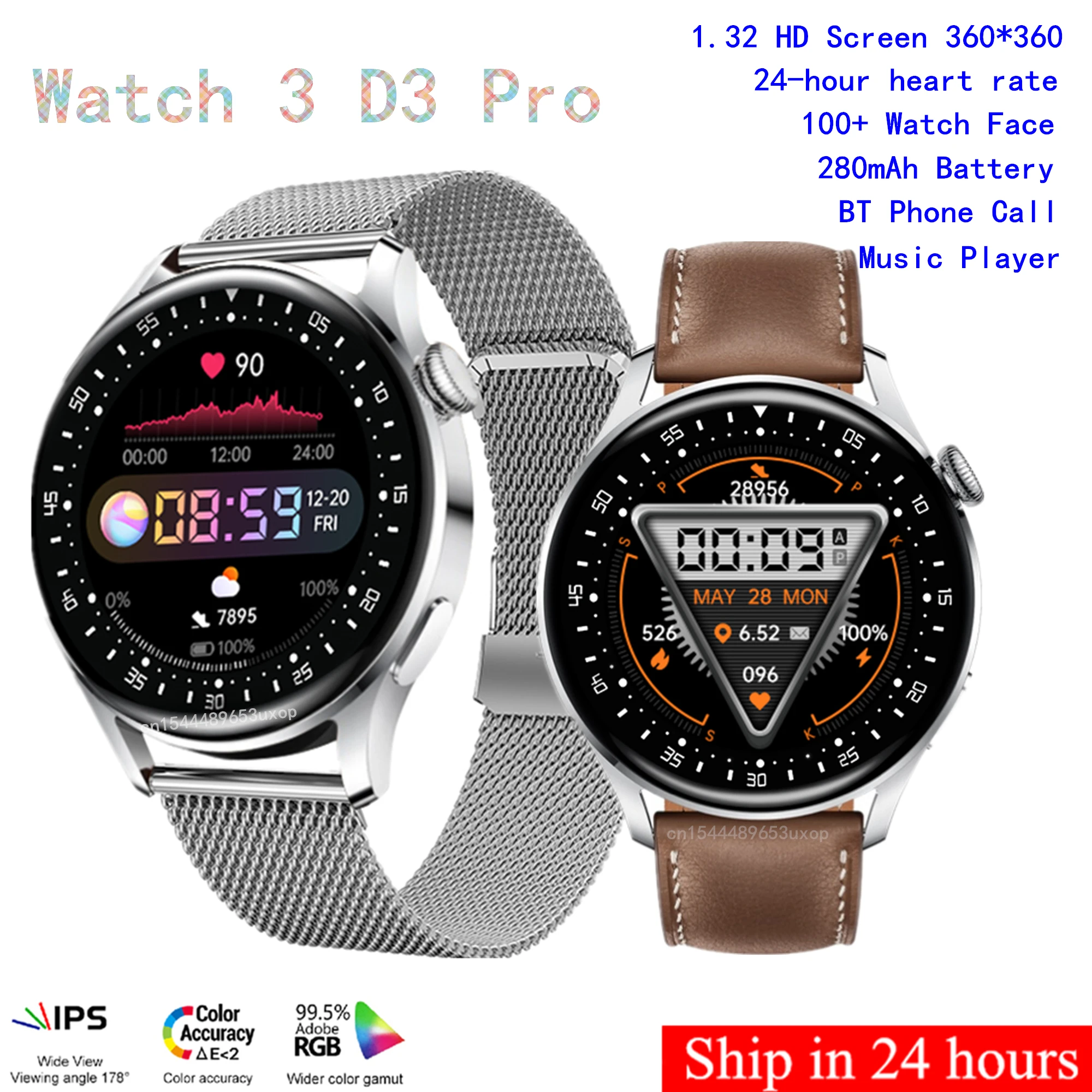 

Watch 3 D3 Pro Smart Watch 1.32“ 360*360 HD Screen BT Phone Call 24 Hour Heart Rate Rotation Button 100+ Watch Faces PK GT3 Pro