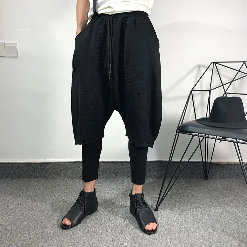 Men's Casual Pants Spring/Summer New Solid Color Elastic Waist Fashion Hairstylist False Two-Piece Sweatpants Harlan Pants